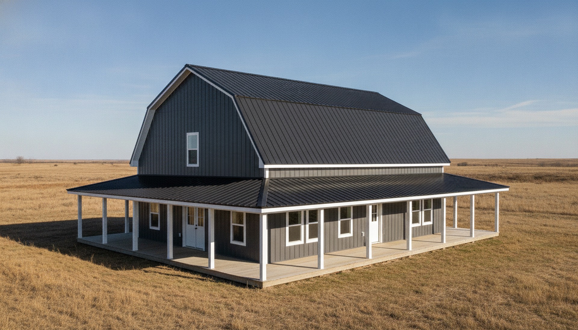 Barndominium exterior with wraparound porch